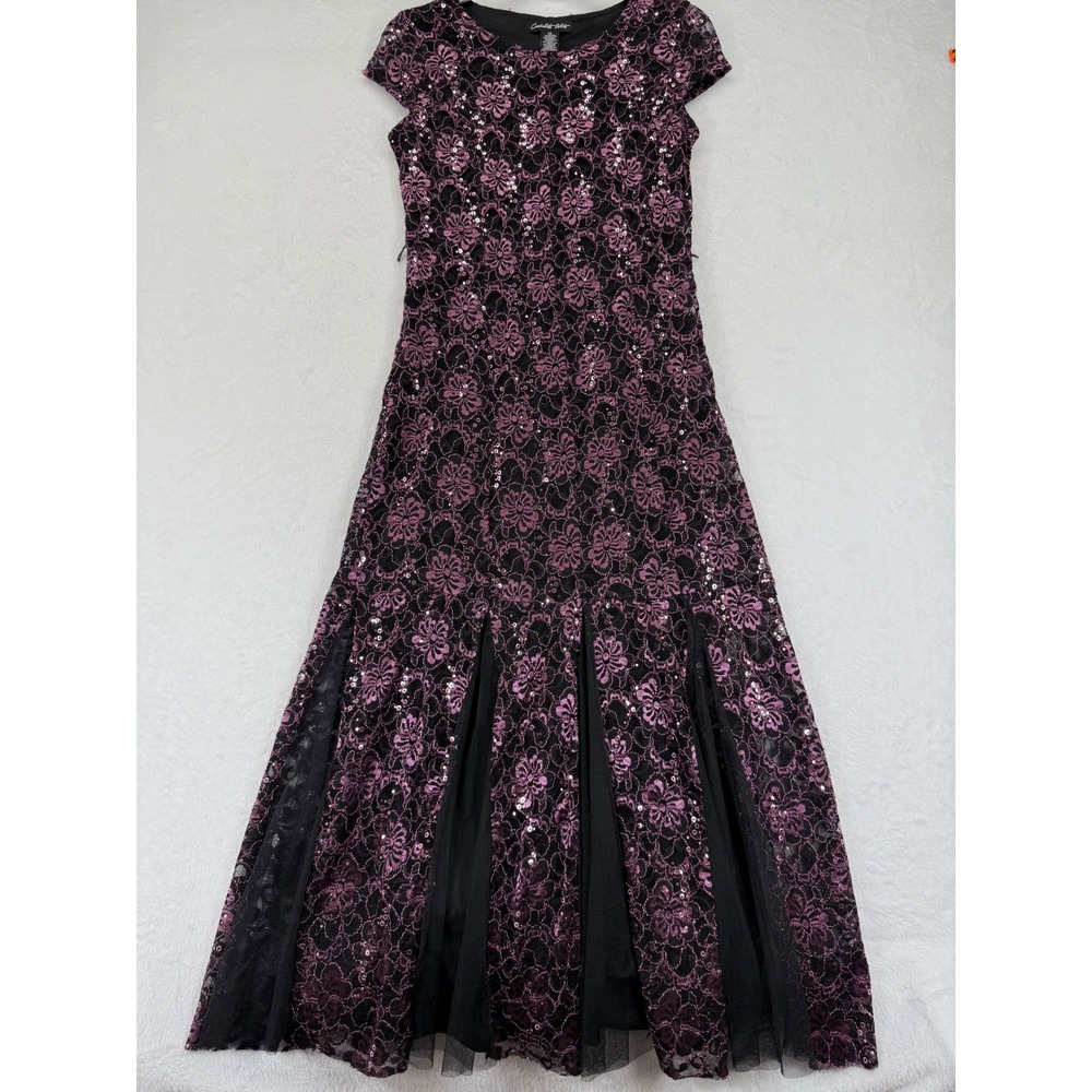 Candalite PS‎ Black Purple Sequin Lace Floral Maxi Dress Evening Gown no belt